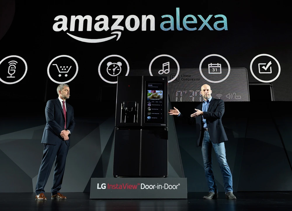 A fridge managed using Amazon’s Alexa is showcased at the CES consumer technology trade show in Las Vegas. (Getty Images)