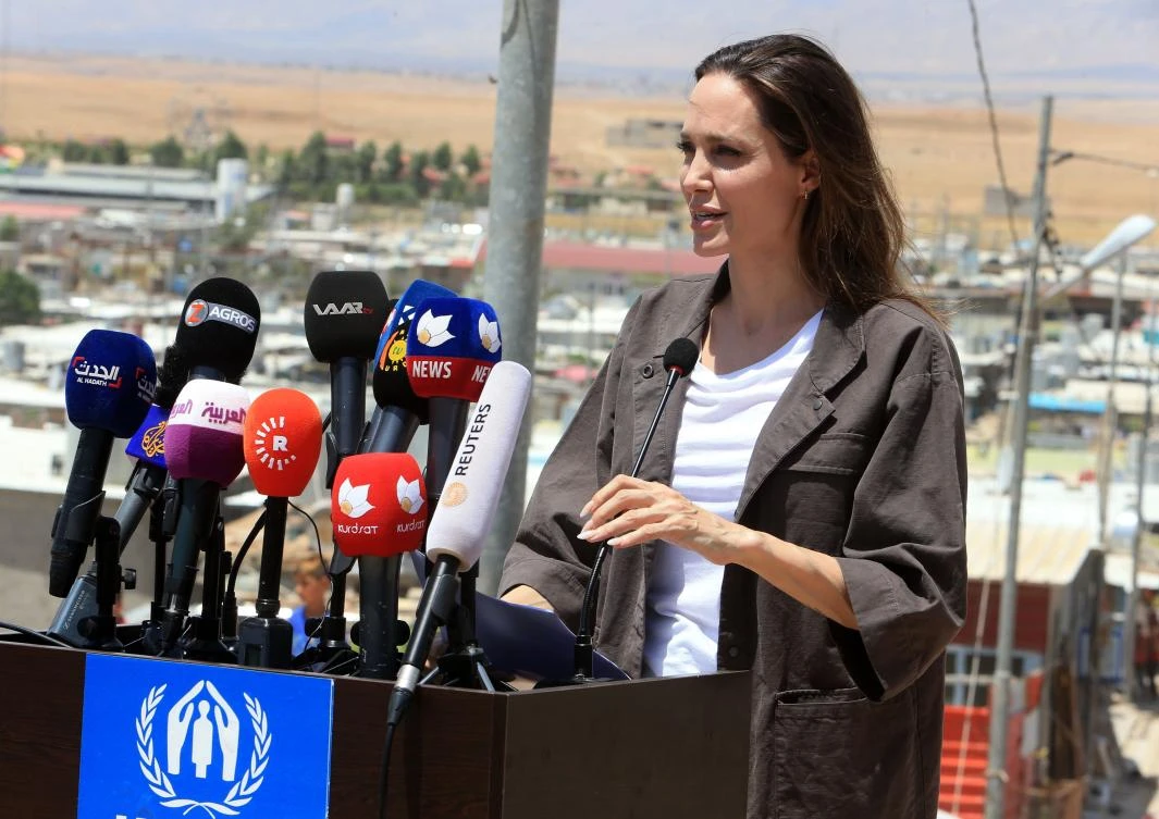 UNHCR special envoy Angelina Jolie speaks during a news conference in the Domiz refugee camp in Iraq’s autonomous Kurdistan region on May 17, 2018. (AFP)