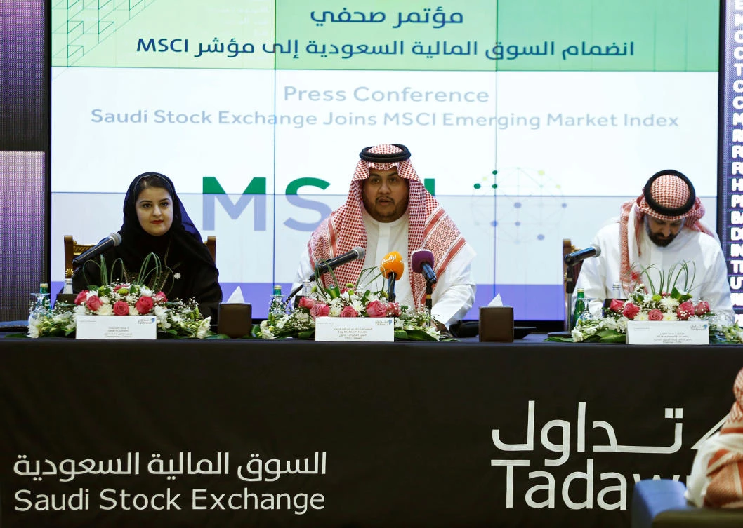 Khalid Al-Hussan, Chief Executive Officer of the Saudi Stock Exchange (Tadawul), speaks during a news conference after the inclusion of MSCI EM to the Saudi Stock Market in Riyadh, Saudi Arabia June 21, 2018. (Reuters)