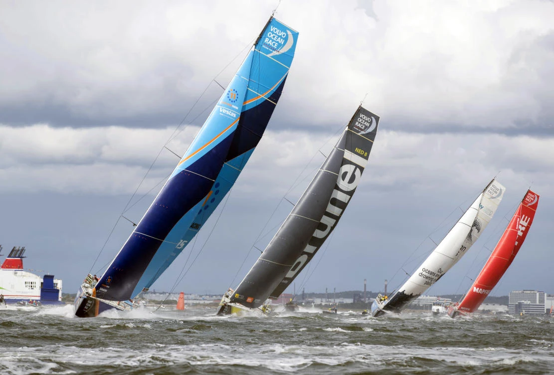 From left, Vestas, Brunel, Turn the Tide on Plastic and Mapfre sail out of Gothenburg and commence the 700-kilometer ‘sprint’ to The Hague. (AP Photo)