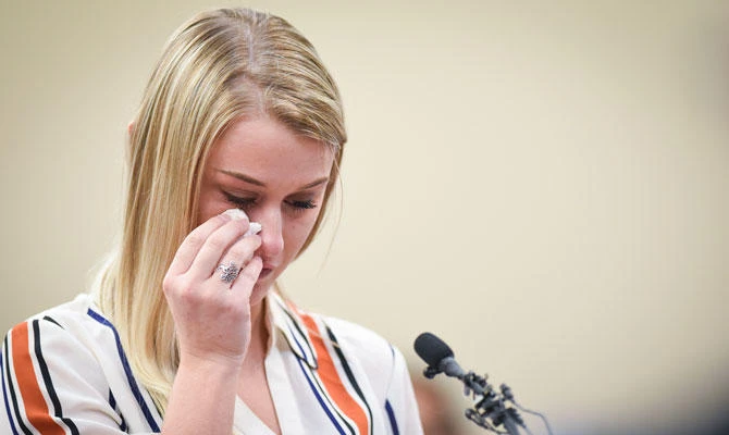 Former gymnast Christine Harrison gives her victim impact statement on Jan. 18, 2018, in Circuit Judge Rosemarie Aquilina's courtroom. (AP).