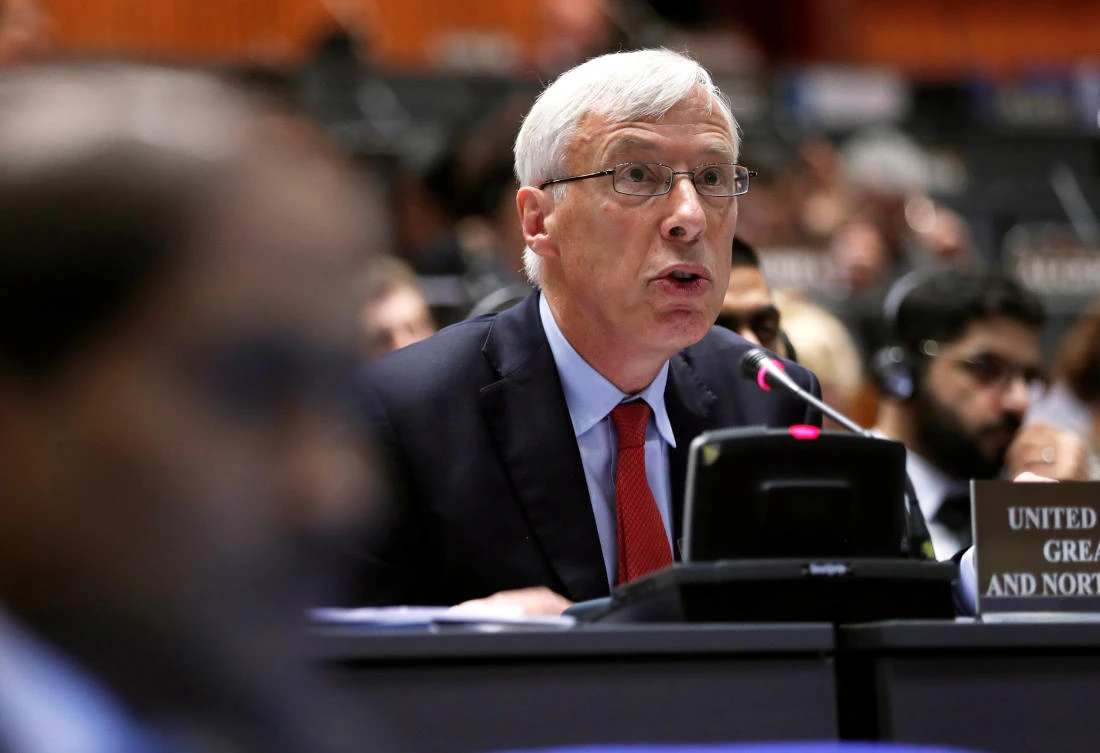 British Minister of State for Defense Frederick Richard addresses a special session of the Organization for the Prohibition of Chemical Weapons (OPCW) in the Hague, Netherlands June 26, 2018. (Reuters)