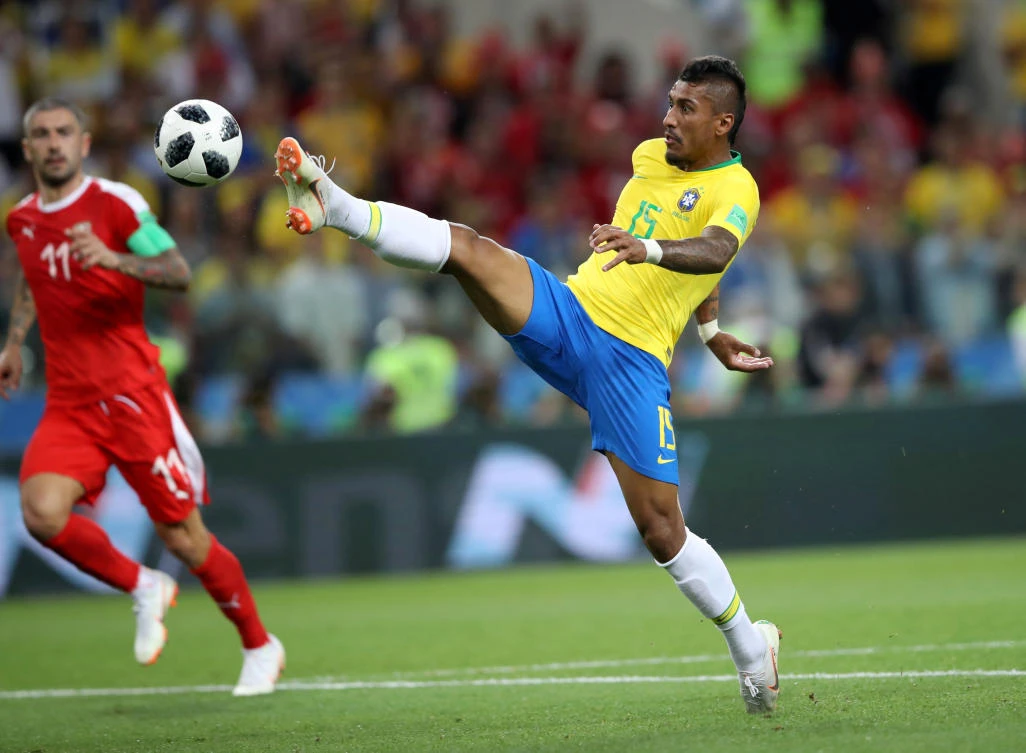 Paulinho scores Brazil’s first goal in their 2 — 0 win over Serbia in Moscow. (Reuters)