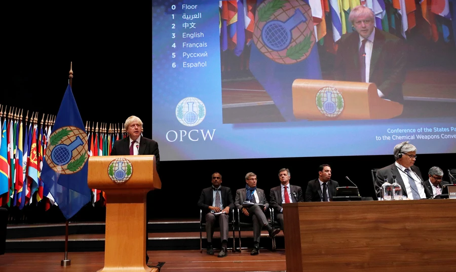 British Foreign Secretary Boris Johnson addresses a special session of the Organization for the Prohibition of Chemical Weapons (OPCW) in the Hague, Netherlands, on June 26, 2018. (REUTERS/Yves Herman)