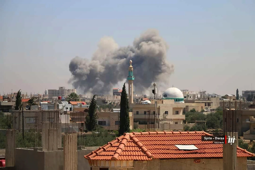 Smoke rising over buildings that were hit by Syrian government forces bombardment, in Daraa, southern Syria, Thursday, June 28, 2018. Nabaa Media, via AP)