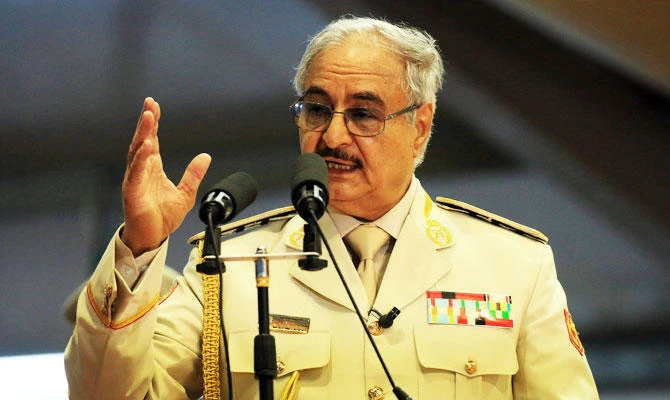 In this file photo taken on May 7, 2018 Libyan Strongman Khalifa Haftar attends a military parade in the eastern city of Benghazi. (AFP)