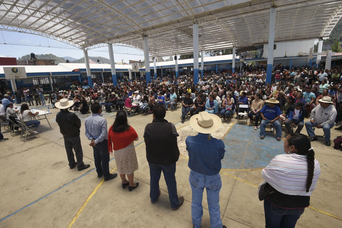 Purepecha indigenous candidates stand at an assembly, during their traditional election of community leaders, in Cheran of the Michoacan state of Mexico. (AFP)