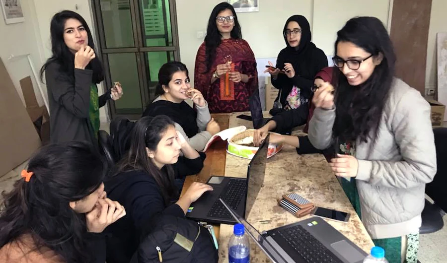 Pakistan's first all-female team gathers in a room at National University of Science and Technology (NUST) in Islamabad to brainstorm design and manufacturing the Formula car. (Photo courtesy: Facebook page of Auj - Formula Student)