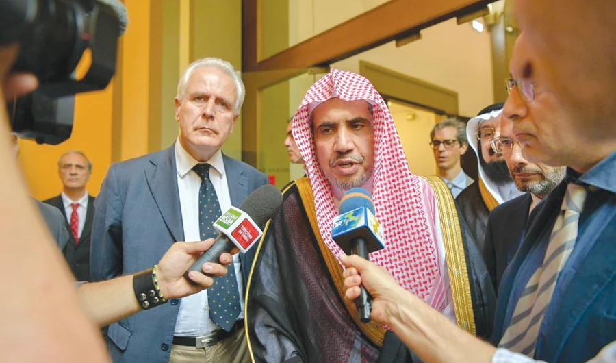 MWL Secretary-General Mohammed bin Abdul Karim Al-Issa speaks to the media in Tuscany on Wednesday. (SPA)
