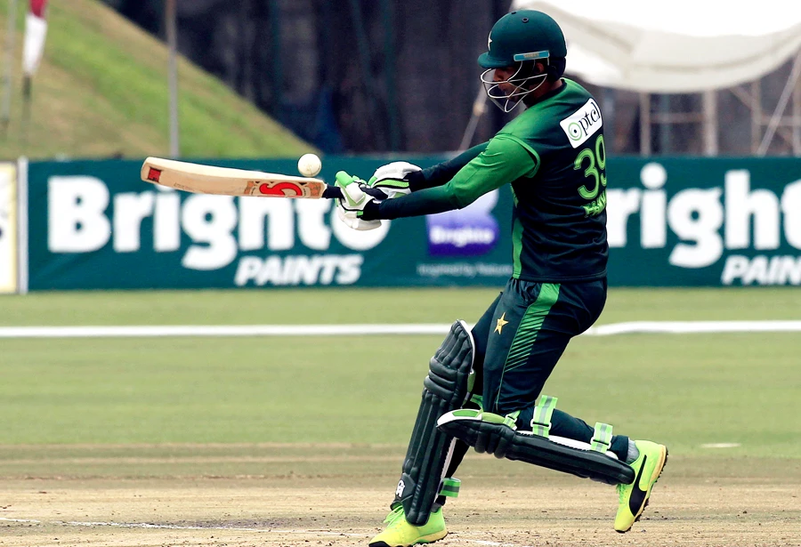 Pakistan batsman Fakhar Zaman plays a shot during the T20 cricket match against Australia at Harare Sports Club, in Harare, Zimbabwe, on July 5, 2018. (AP)