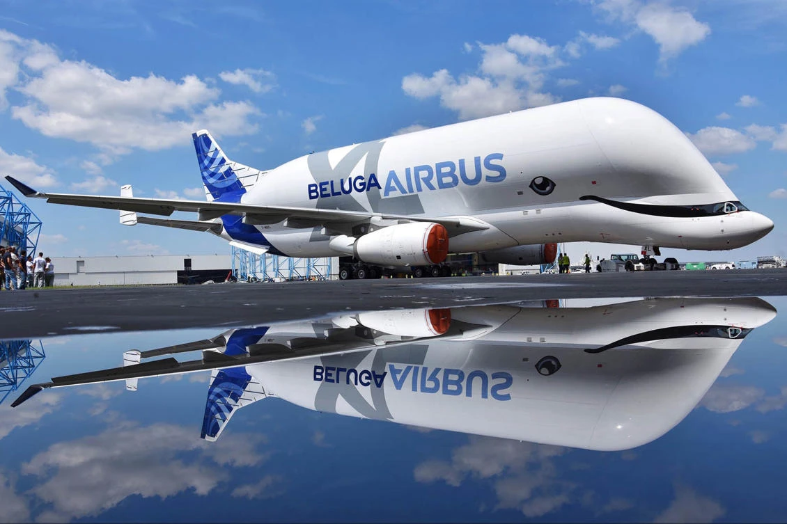 The first Airbus BelugaXL rolls out of the paintshop ahead of ground tests before its first flight planned this summer. (AP)
