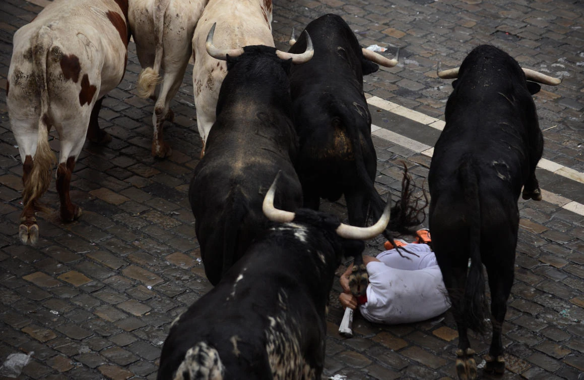Bulls run over a reveler during the first running of the bulls of the San Fermin festival in Pamplona on Saturday, July 7. (Reuters)