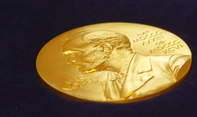 In this file photo taken on May 07, 2005 the gold replica of the Nobel medal is on display during the function of the Replacement of the Nobel Medallion at Shantiniketan, about 200 kms north of Calcutta. (AFP)