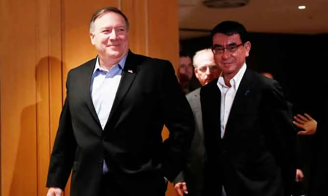 US Secretary of State Mike Pompeo (L) meets Japan's Foreign Minister Taro Kono prior to their breakfast meeting in Tokyo, Japan, on Sunday. (AFP)