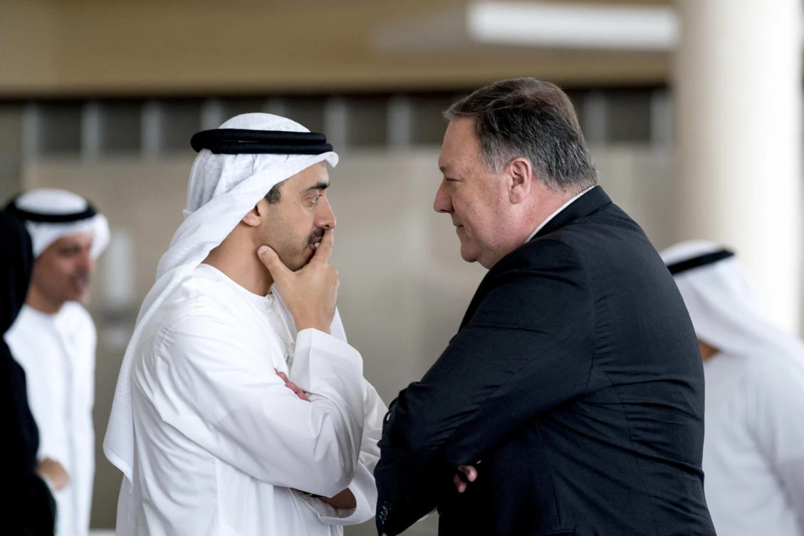 Secretary of State Mike Pompeo, right, and UAE Foreign Minister Sheikh Abdullah bin Zayed Al Nahyan, left, speak at the Al Shati Palace in Abu Dhabi, UAE, Tuesday. (AP/Andrew Harnik)