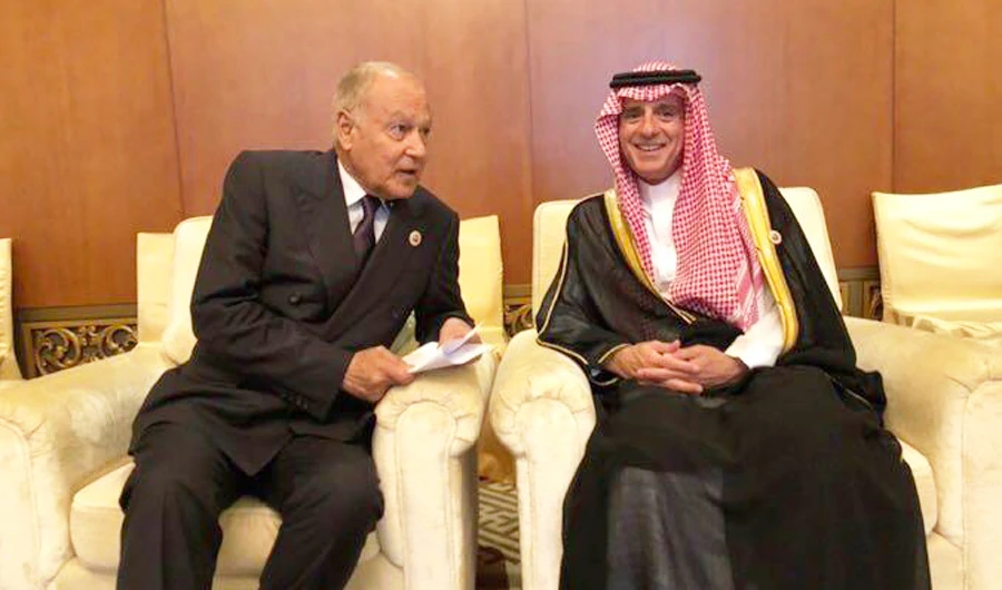 Saudi Minister of Foreign Affairs Adel Al-Jubeir holds talks with Arab League Secretary-General Ahmed Aboul Gheit in Beijing. (SPA)