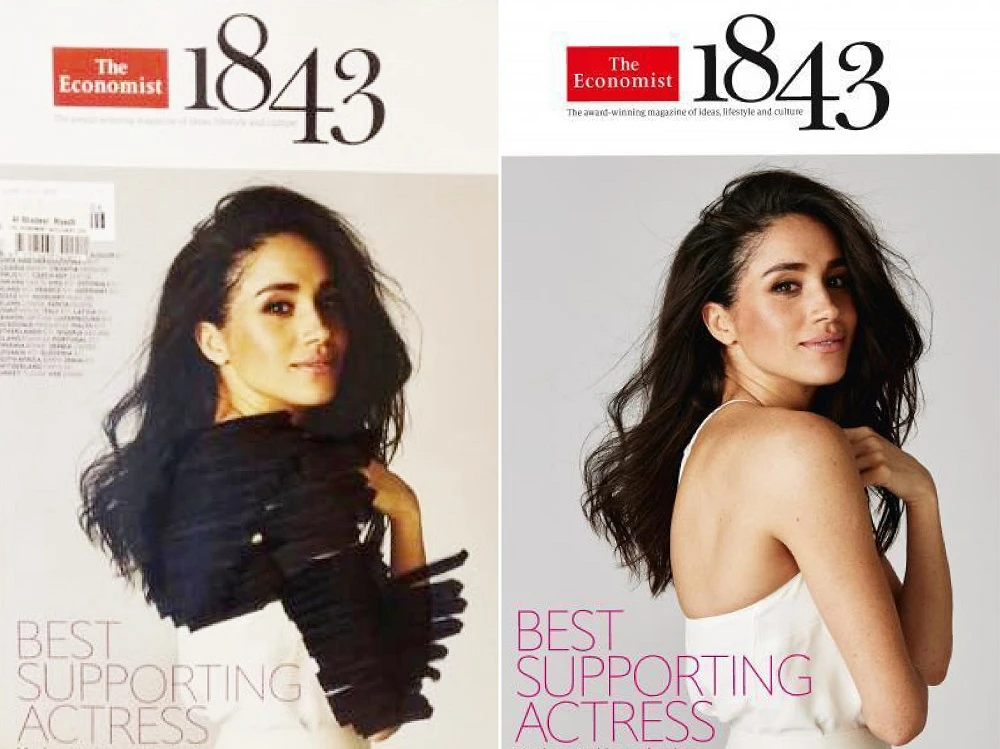 A combination photo shows the alleged blacked-out magazine cover of the Duchess of Sussex Meghan Markle which some social media users suggested was in saudi newsstands (left) against a picture taken yesterday by Arab News photographer showing showing that the magazine is available and uncensored across the kingdom. (Arab News)