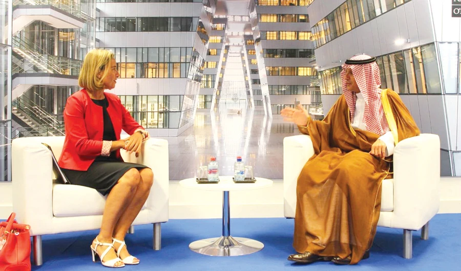 Saudi Foreign Minister Adel Al-Jubeir holds talks with Federica Mogherini, high representative of the EU for foreign affairs and security policy, in Brussels. (SPA)