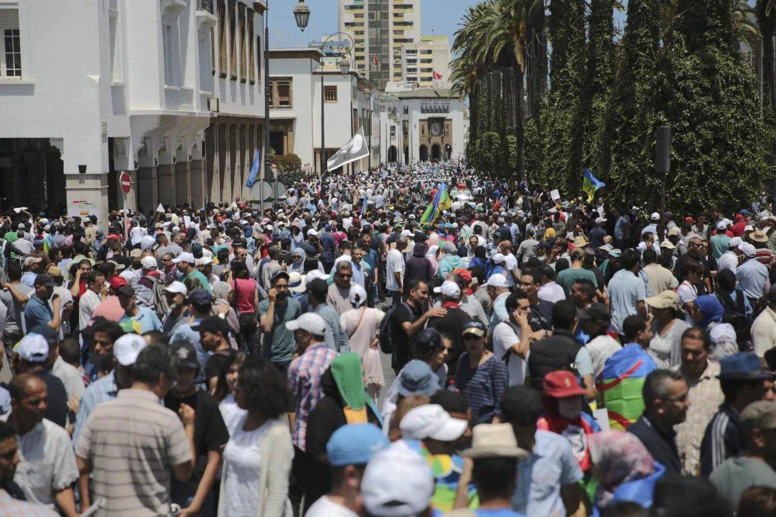 Protesters take part in a march denouncing heavy sentences against Hirak activists, in Rabat, Morocco, Sunday, July 15, 2018. (AP Photo/Mosa'ab Elshamy)