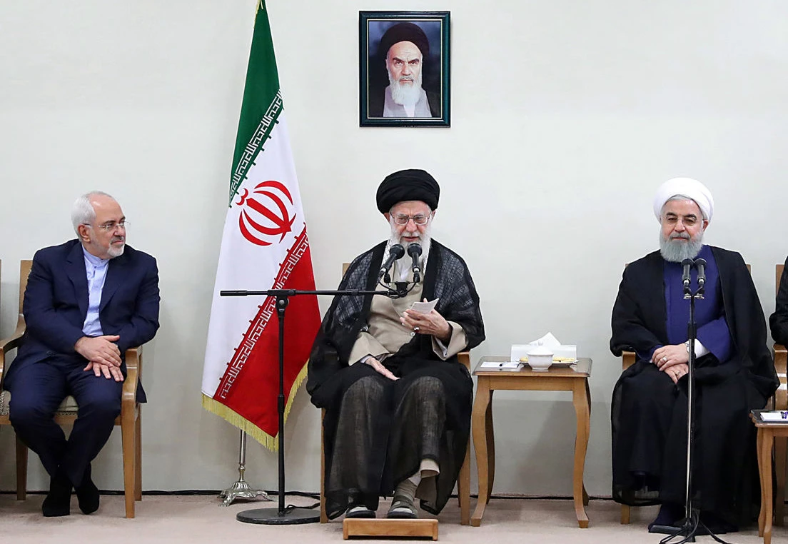 Iran's Supreme Leader Ayatollah Ali Khamenei Khamenei (C) is seen with President Hassan Rouhani (R) and Foreign Minister Mohammad Javad Zarif (L) during a government meeting in Tehran on July 15, 2018. (AFP/KHAMENEI.IR)