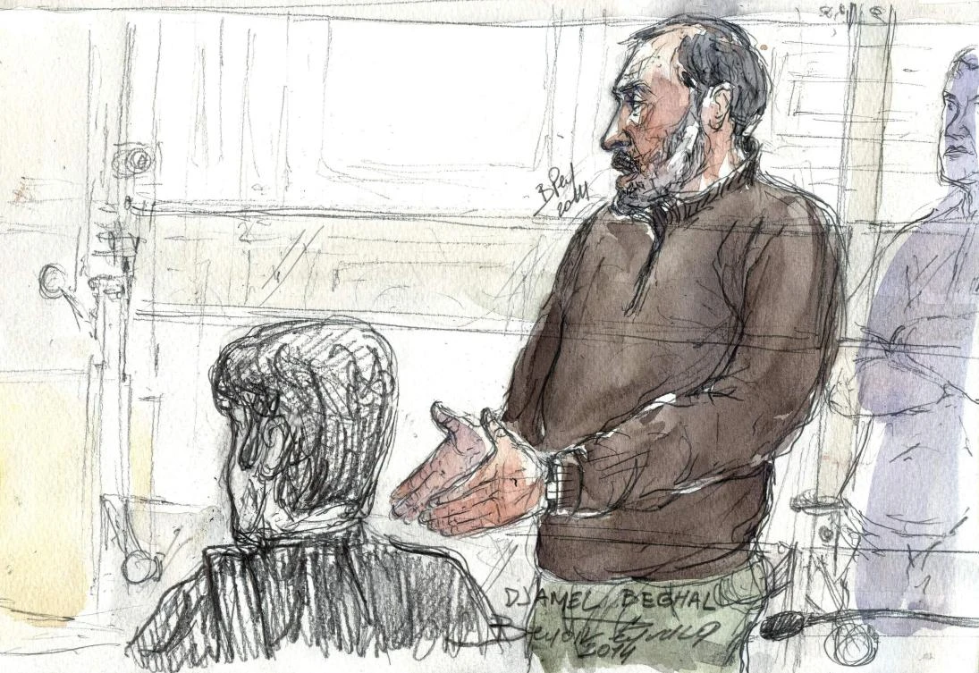 A file court sketch made on October 7, 2014 shows Djamel Beghal during his appeal trial at the Paris courthouse. (AFP)