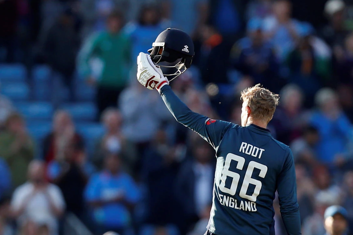 England's Joe Root celebrates winning the match against India with a century. (Action Images via Reuters/Ed Sykes)