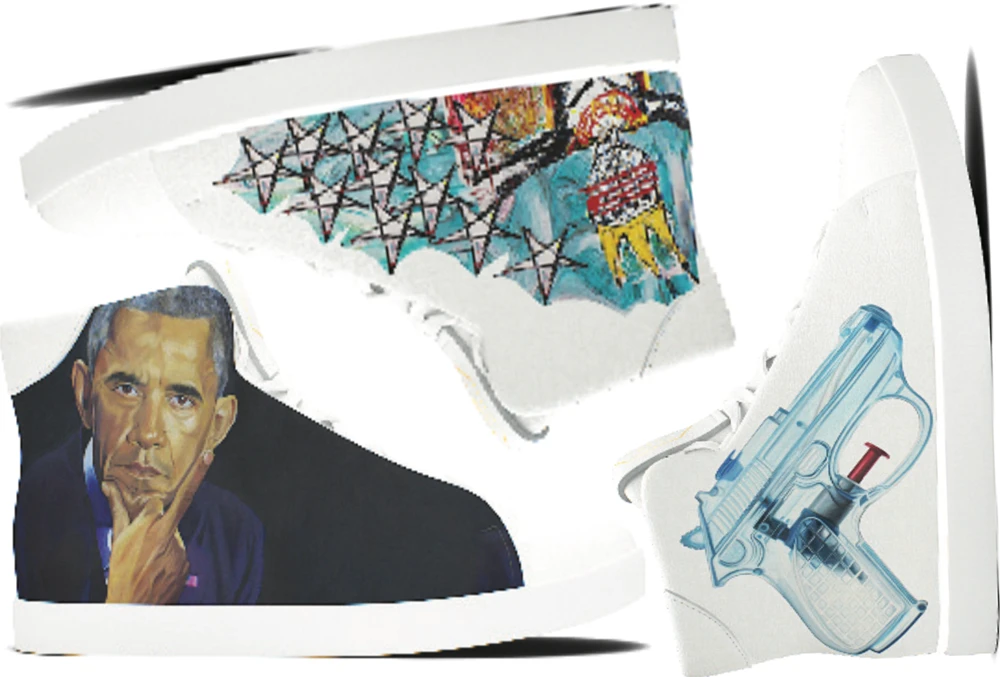 Art and sole: Three of Riyadh-born Nour Al-Tamimi's sneaker designs, featuring work by individual artists.