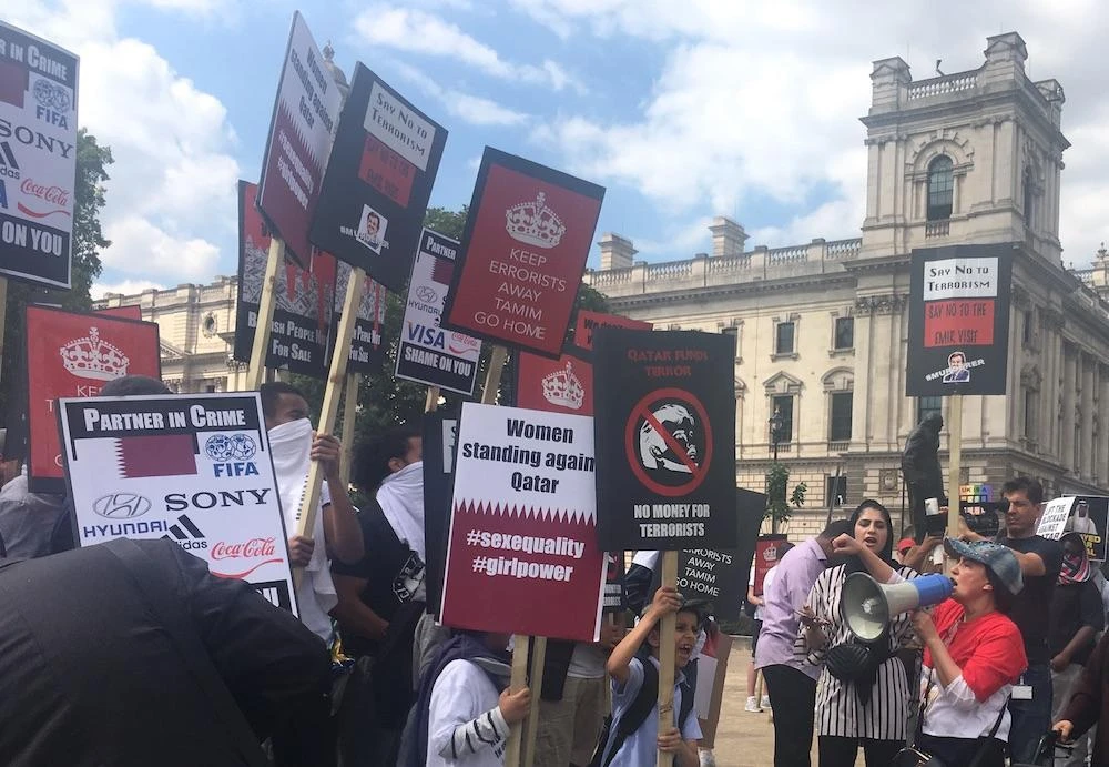 Protesters demonstrate outside UK Parliament over visit of Qatari emir