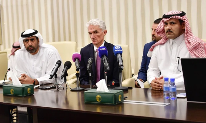 Mark Lowcock, UN undersecretary-general for humanitarian affairs, speaks at a press conference. Lowcock said Yemen is facing a serious humanitarian crisis due to the Houthi aggression. (SPA)