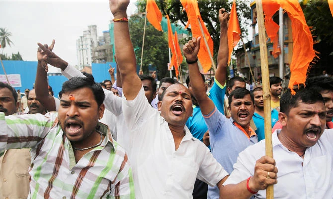 Maratha radical group members shout slogans during a protest in Mumbai, India, on Wednesday. (AP)