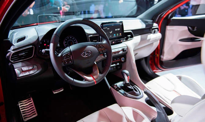 This file photo taken on January 15, 2018 shows the interior of the new Hyundai Veloster during the 2018 North American International Auto Show in Detroit, Michigan. (AFP)