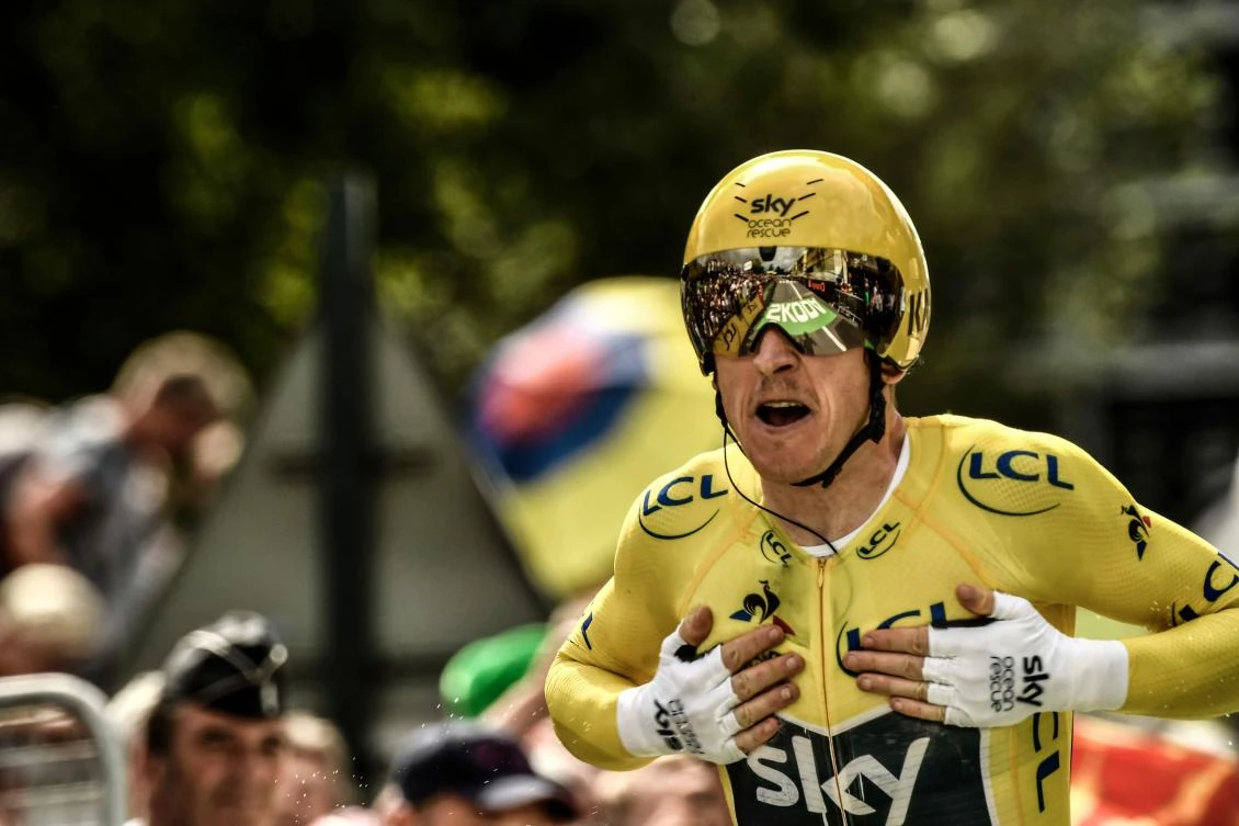 Great Britain's Geraint Thomas crosses the finish line of the 20th stage of the 105th edition of the Tour de France cycling race, a 31-kilometer individual time-trial between Saint-Pee-sur-Nivelle and Espelette, southwestern France, on July 28, 2018. (AFP/Philippe LOPEZ)