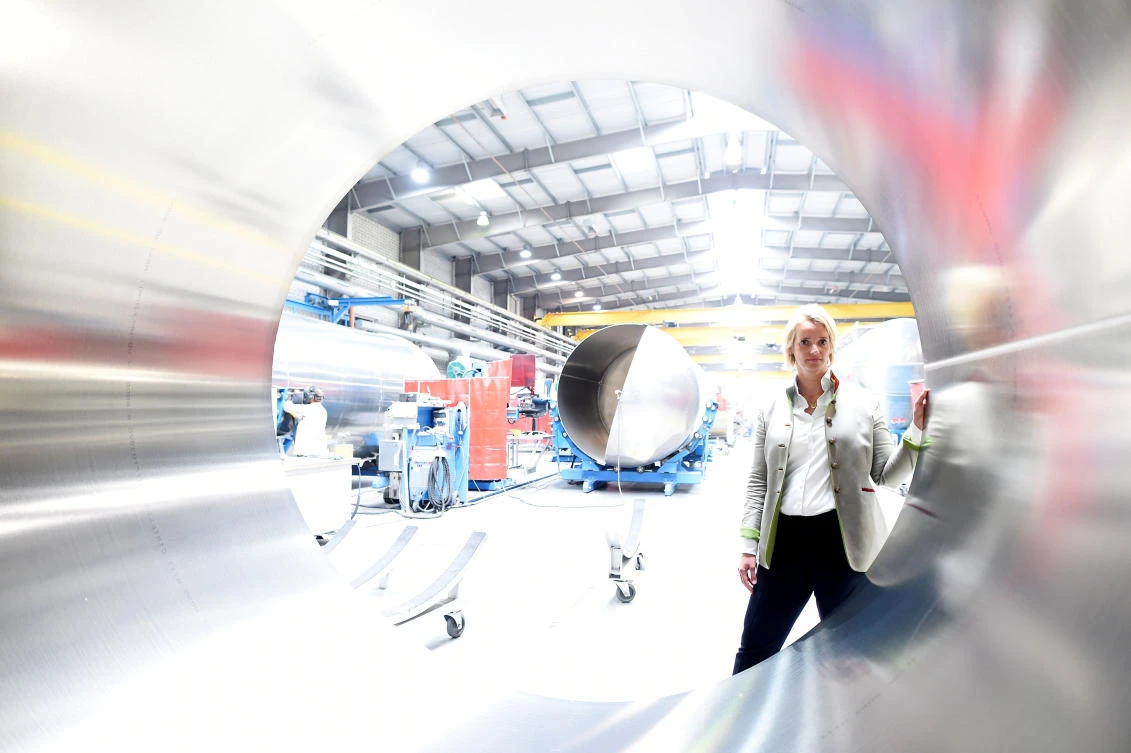 Nina Kley, head of German manufacturer of silos and liquid tankers, Feldbinder Special Vehicles, poses for the media at the company's plant in Winsen. (Reuters)