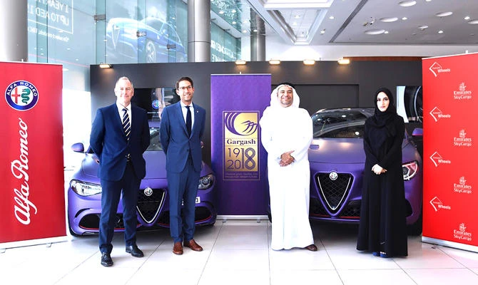 From left, Robert Hazelwood, CEO automotive division, Gargash Group; Karim Corm, regional brand manager FCA; Shehab Gargash, managing director and group CEO, Gargash Group; Moaza Al-Falahi, Emirates vice president, cargo product development and UAE national affairs.