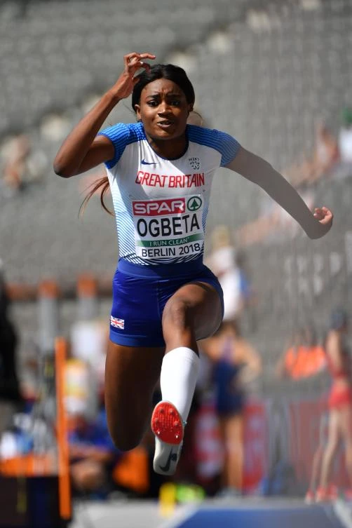 Great Britain's Naomi Ogbeta competes in the women's triple jump qualifying event during the European Athletics Championships at the Olympic stadium in Berlin on August 8, 2018. / AFP / Andrej ISAKOVIC