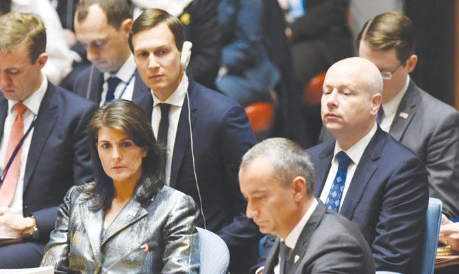 Nikolay E. Mladenov, UN special coordinator for the Middle East peace process, front right; Nikki Haley, US ambassador to the UN, left; and Jared Kushner, back left, attend a Security Council meeting in New York. (AFP)
