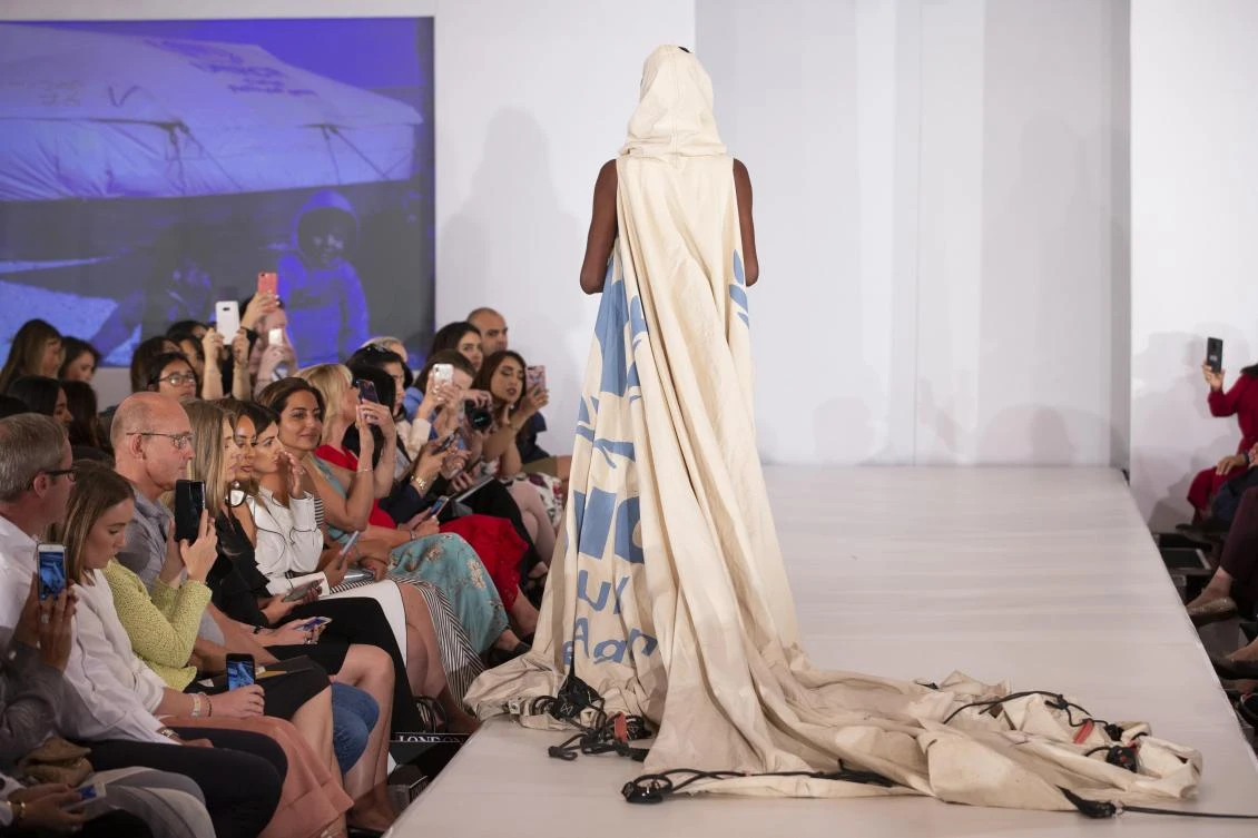 The opening show at London Arabia Art and Fashion Week featured a dress made from a decommissioned UNHCR tent. (AN Photo)