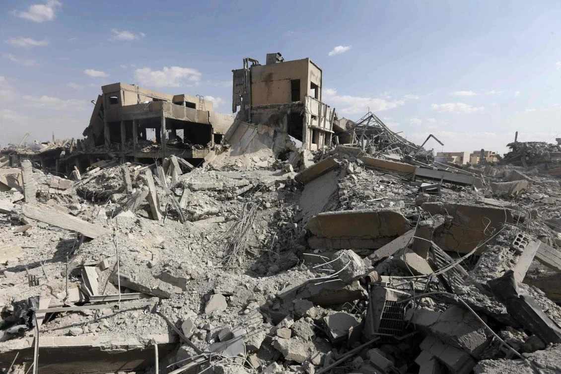 The wreckage of a building described by the Syrian Information Ministry in an April press tour as part of the Scientific Studies and Research Center compound. (AFP)