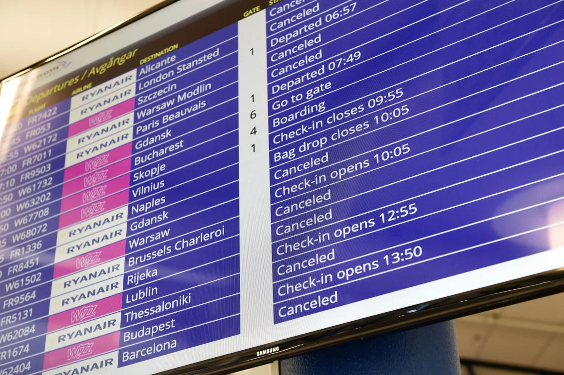 The flight information departure board shows many canceled Ryanair flights at Skavsta Airport, in Stockholm. Ryanair pilots started a 24-hour strike Friday. (Reuters)