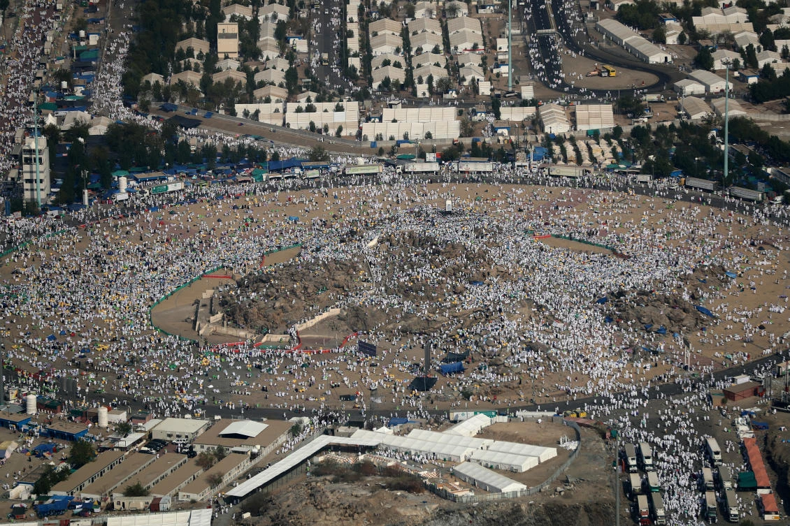 An aerial view shows Muslim pilgrims gathering on Mount Arafat, also known as Jabal Al-Rahma (Mount of Mercy), southeast of the Saudi holy city of Makkah, on Arafat Day which is the climax of the Hajj pilgrimage. (File photo / AFP)