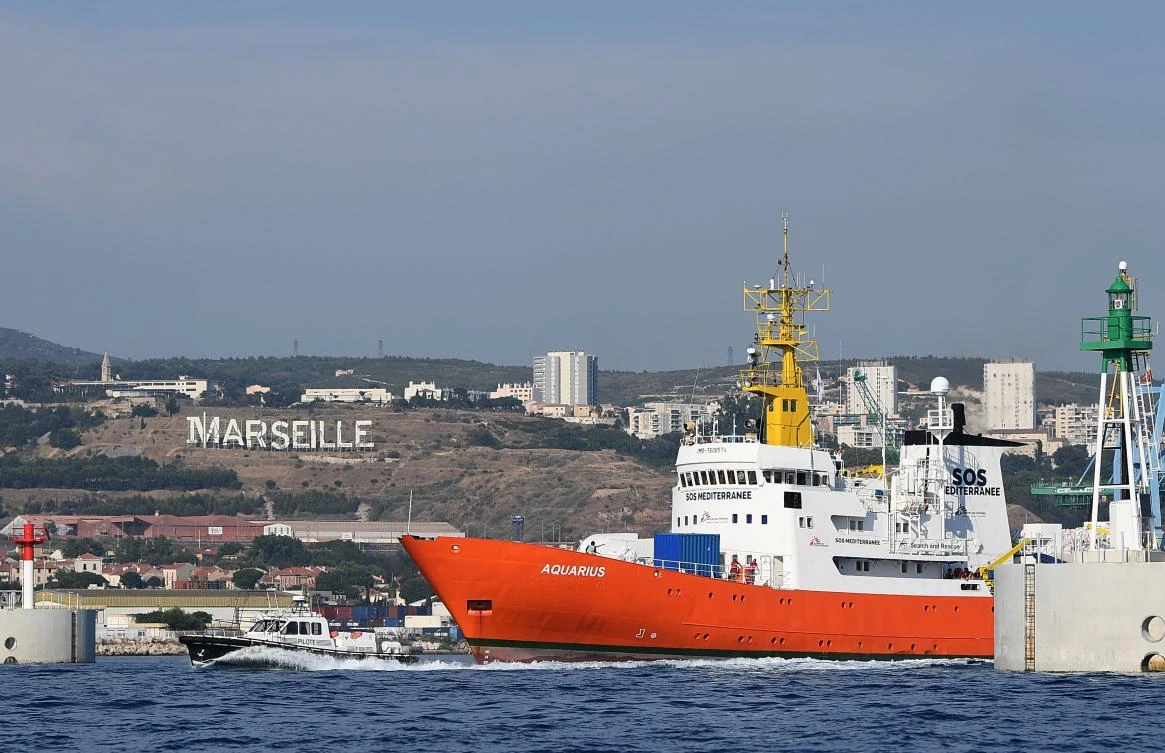 The rescue ship Aquarius, chartered by French aid group SOS Mediterranee and Doctors Without Borders, leaves the harbor of Marseille in southeastern France on August 1 to pick up migrants after having been docked for a month for maintenance work. (AFP)