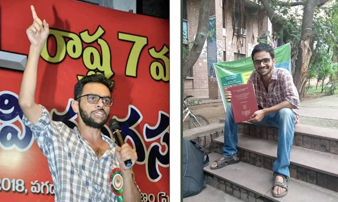 Combo image of Indian student activist Umar Khalid speaking during protest rally in New Delhi and attending to his studies. (Twitter photos)