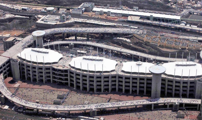 General view from a plane window shows muslims as they make their way to cast stones at a pillar that symbolises Satan during the annual haj pilgrimage in Mina, Saudi Arabia, in this September 2, 2017 file photo. (REUTERS)