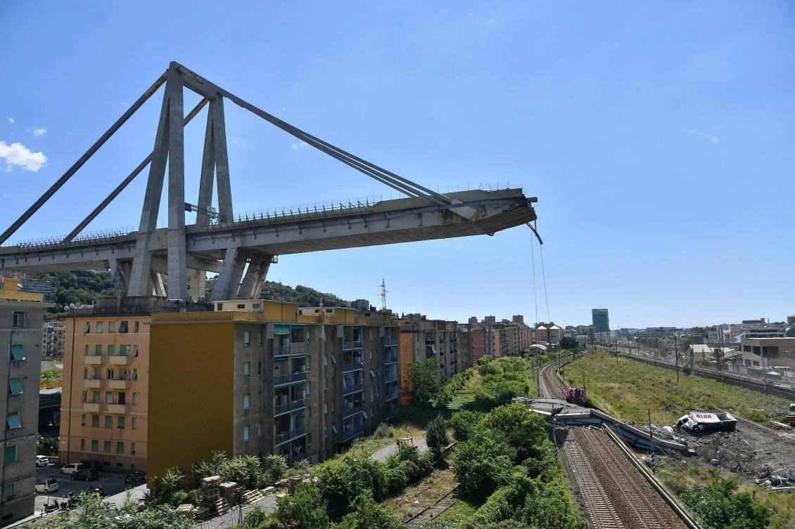 A view of the Morandi highway bridge that collapsed in Genoa, northern Italy, Wednesday, Aug. 15, 2018. (AP)