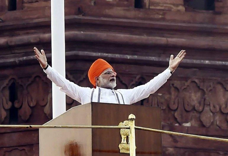 Indian Prime Minister Narendra Modi speaks at India’s 72nd Independence Day celebrations at the Red Fort in New Delhi, where he said India was on the cusp of sending a man, or a woman, into space. (AFP)