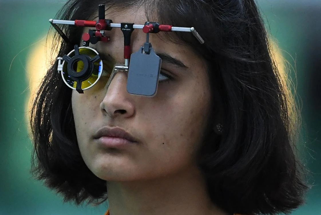 India’s Manu Bhaker attends a practice session for the mixed team 10m air pistol ahead of the 2018 Asian Games in Palembang on Aug. 18, 2018. (AFP/Mohd Rasfan)