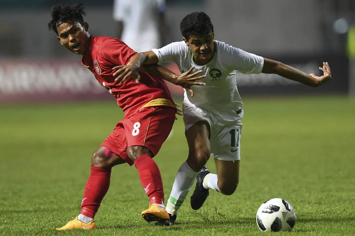 Saudi Arabia in action against Myanmar in the Asian Games. (AFP)