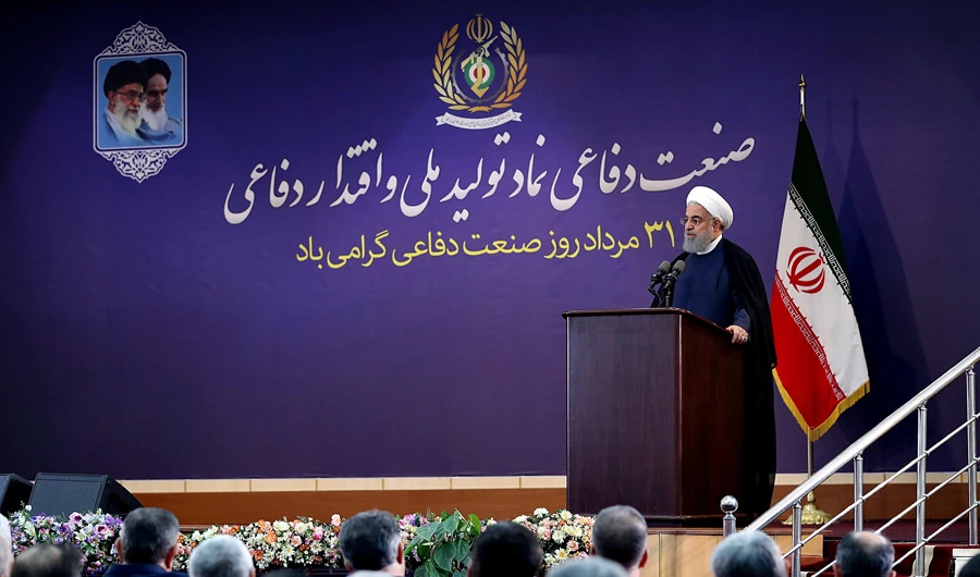 Iranian President Hassan Rouhani speaks during a ceremony for Defense Industry Day in Tehran on August 21, 2018. (Official President.ir Website/Handout via REUTERS)
