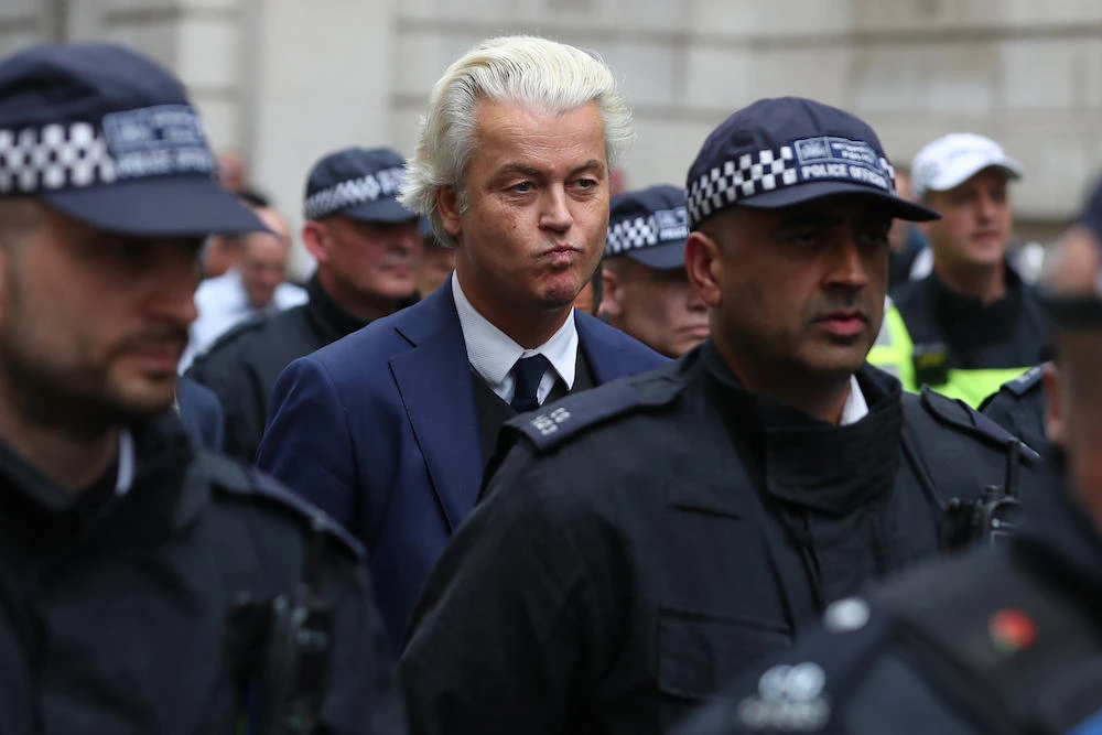 A Prophet Muhammad cartoon contest is being organized later this year by anti-Islam lawmaker Geert Wilders, seen here at a rally in London