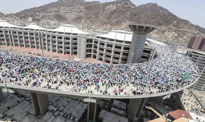 A picture taken on August 23, 2018 shows the walkway leading to the pillars where Muslim pilgrims partake in the symbolic stoning of the devil at the Jamarat Bridge in Mina, near Mecca, which marks the final major rite of the Hajj pilgrimage. (AFP)